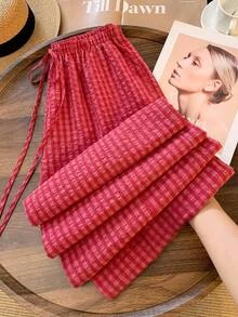 SHEIN CURVE+ Celana Panjang Wanita Ukuran Besar Musim Semi/Panas Motif Kotak-kotak dengan Tali Serut, Kasual, Serbaguna, dan Potongan Lebar untuk Pemakaian Sehari-hari di Musim Gugur - Merah - View 5