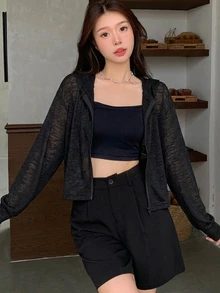 DAZY Women's Solid Color Zipper Casual Versatile Daily Travel Long Sleeve Jacket Cute Tops - Black - View 6