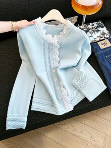 GlowEve Cardigan Wanita Kasual Serbaguna untuk Pemakaian Sehari-hari dengan Hiasan Renda - Baby Blue - View 5