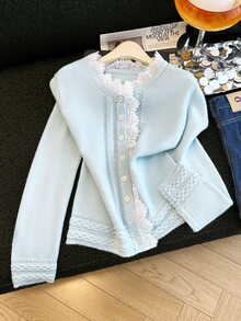 GlowEve Cardigan Wanita Kasual Serbaguna untuk Pemakaian Sehari-hari dengan Hiasan Renda - Baby Blue - View 4