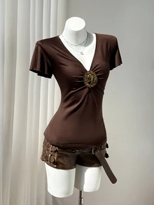 Elamini 女款時尚珠飾裝飾 T-shirt，適合夏季早午餐，咖啡棕色優雅風 - 咖啡棕 - 查看 5