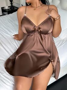SilkySpell Plus Size Women Faux Silk Lace Patchwork Backless Slip Dress - Brown - View 2