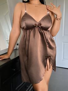 SilkySpell Plus Size Women Faux Silk Lace Patchwork Backless Slip Dress - Brown - View 6