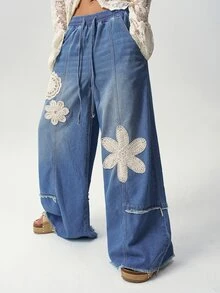 Bohemela Embroidery Floral Pattern Drawstring Waist Raw Cut Wide Leg Jeans - Blue - View 5