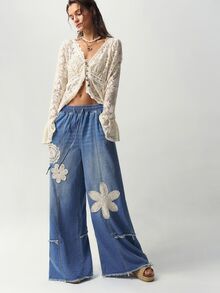 Bohemela Embroidery Floral Pattern Drawstring Waist Raw Cut Wide Leg Jeans - Blue - View 6