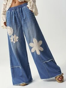 Bohemela Embroidery Floral Pattern Drawstring Waist Raw Cut Wide Leg Jeans - Blue - View 4
