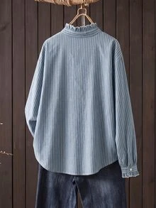 Selamara Women's Casual Office Striped Single-Breasted Long Sleeve Top For Work And Commuting - Blue - View 2