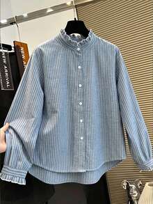 Selamara Women's Casual Office Striped Single-Breasted Long Sleeve Top For Work And Commuting - Blue - View 3