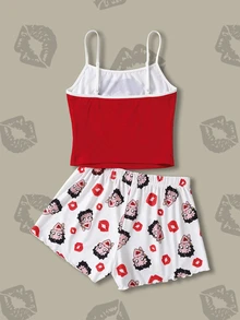 Betty Boop x SHEIN Women's Cartoon Print Camisole & Shorts Pajama Set - Red and White - View 2