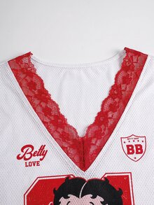 Betty Boop x SHEIN 女款蕾絲拼接卡通印花T恤 - 紅白色 - 查看 3