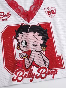 Betty Boop x SHEIN 女款蕾絲拼接卡通印花T恤 - 紅白色 - 查看 4