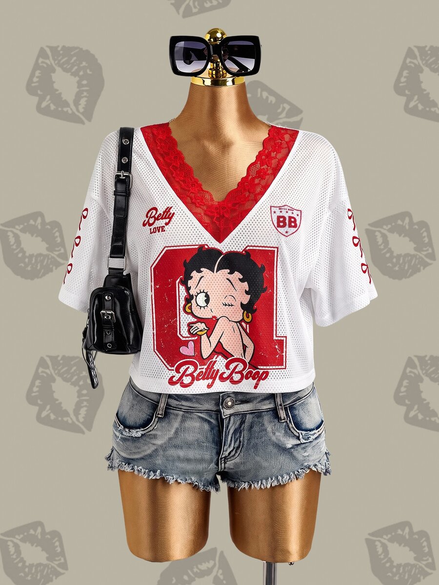 Betty Boop x SHEIN 女款蕾絲拼接卡通印花T恤 - 紅白色 - 查看 1