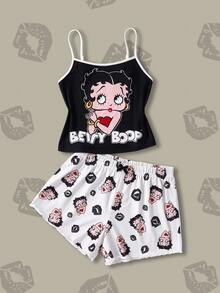 Betty Boop x SHEIN Women's Camisole And Shorts Pajama Set - Black and White - View 1