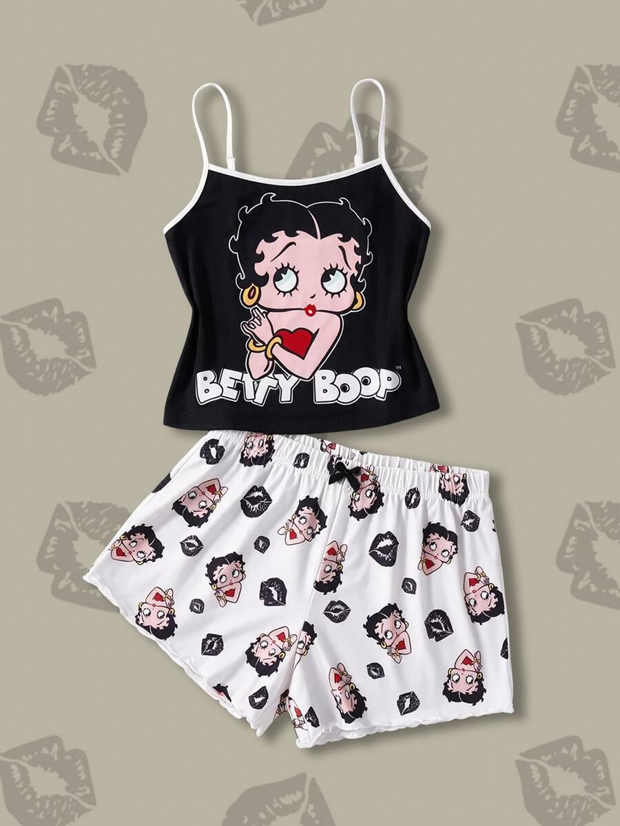 Betty Boop x SHEIN Women's Camisole And Shorts Pajama Set - Black and White - View 1
