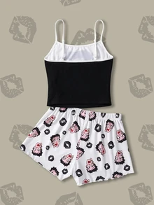 Betty Boop x SHEIN Women's Camisole And Shorts Pajama Set - Black and White - View 2