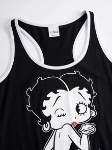 Betty Boop x SHEIN 女款卡通印花細肩帶背心與短褲睡衣套裝 - 黑與白 - 查看 3