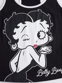 Betty Boop x SHEIN 女款卡通印花細肩帶背心與短褲睡衣套裝 - 黑與白 - 查看 4