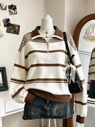 Lalippa Women's Vintage American College Style Lapel Sweatshirt, Autumn Contrast Color Striped Loose Fit Top, Half-Zip Long Sleeve Casual Sweatshirt, Fashionable Versatile Brown Striped Pullover