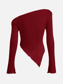 SHEIN ICON Y2K Grunge Asymmetrical Neck Lettuce Trim Tee,Red Top - Red - View 6