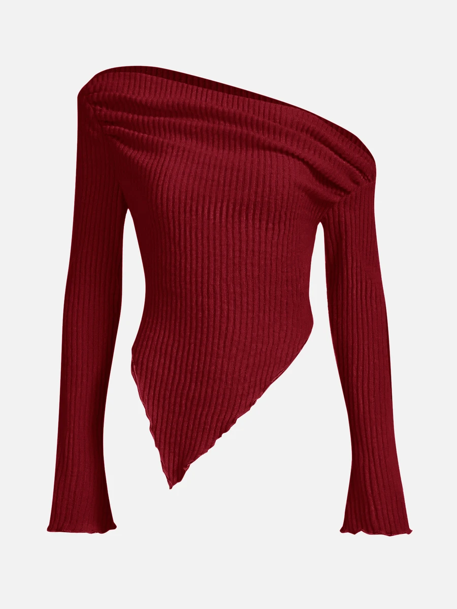 SHEIN ICON Y2K Grunge Asymmetrical Neck Lettuce Trim Tee,Red Top - Red - View 1