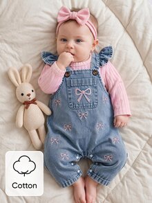 SHEIN 2件組新生女嬰春季套裝 粉色羅紋長袖上衣 荷葉邊肩帶牛仔吊帶褲 蝴蝶結刺繡 日常生日拍照穿搭 - 淺粉色 - 查看 9