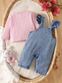 SHEIN 2件組新生女嬰春季套裝 粉色羅紋長袖上衣 荷葉邊肩帶牛仔吊帶褲 蝴蝶結刺繡 日常生日拍照穿搭 - 淺粉色 - 查看 4