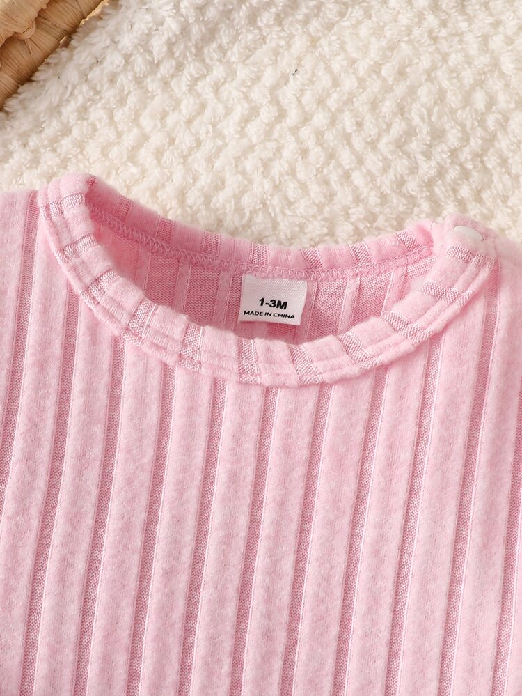 SHEIN 2Pcs Newborn Baby Girl Spring/Autumn Outfit Pink Ribbed Long Sleeve Top Ruffle Strap Denim Overalls With Bow Embroidery For Daily Birthday Photo Shoot - Baby Pink - View 6