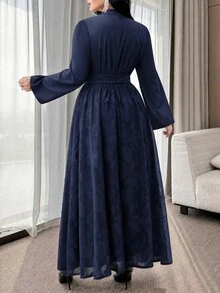 Modelyn Plus Size Women's Cross Over Collar Chiffon Floral Hem Elegant Fashion Dress - Navy Blue - View 3