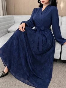 Modelyn Plus Size Women's Cross Over Collar Chiffon Floral Hem Elegant Fashion Dress - Navy Blue - View 4