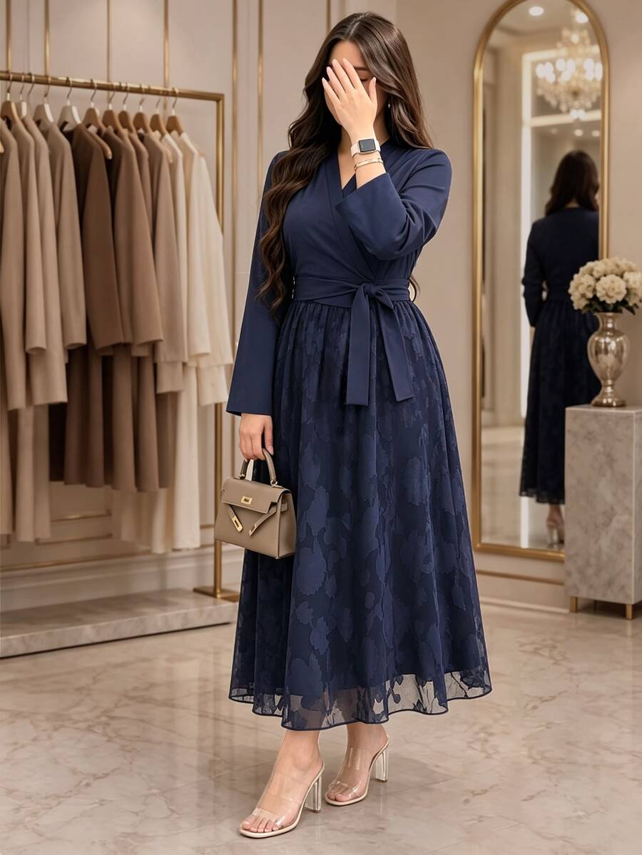 Modelyn Plus Size Women's Cross Over Collar Chiffon Floral Hem Elegant Fashion Dress