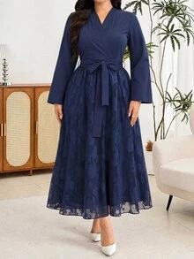 Modelyn Plus Size Women's Cross Over Collar Chiffon Floral Hem Elegant Fashion Dress - Navy Blue - View 6