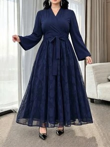Modelyn Plus Size Women's Cross Over Collar Chiffon Floral Hem Elegant Fashion Dress - Navy Blue - View 7