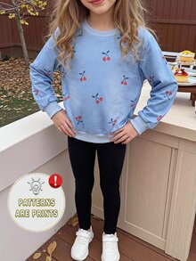 Elladie kids Girl's 2-Piece Set Cherry Print Long-Sleeve Sweatshirt Top And Black Leggings Casual Sportswear Girl's Autumn New,Denim Printed - Blue - View 8