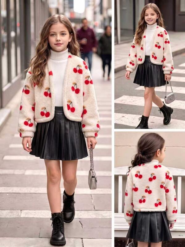 Jaket Pendek Berbulu Satu Potong Lengan Panjang Terbuka Depan untuk Anak Perempuan Remaja, Motif Ceri di Seluruh Permukaan, Pakaian Luar Musim Dingin, Cocok untuk Pakaian Kasual Sehari-hari dan Liburan
