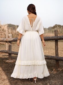 Ceyna 大尺碼休閒浪漫度假風前綁帶洋裝，白色層次波西米亞鄉村度假風，適合春夏穿搭的百搭時尚牛仔女郎造型 - 杏色 - 查看 3