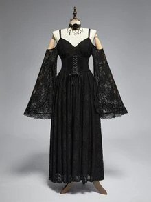 ROMWE Dark Gothic Plus Size Women's Long Dress Lace Hollow-Out Cold Shoulder Design Halloween Party Evening Gown - Black - View 1