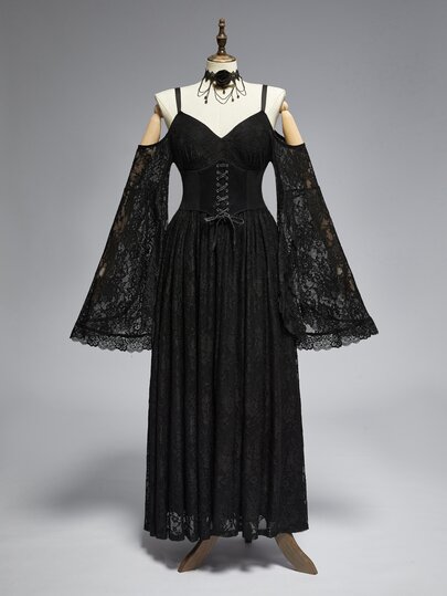 ROMWE Dark Gothic Plus Size Women's Long Dress Lace Hollow-Out Cold Shoulder Design Halloween Party Evening Gown
