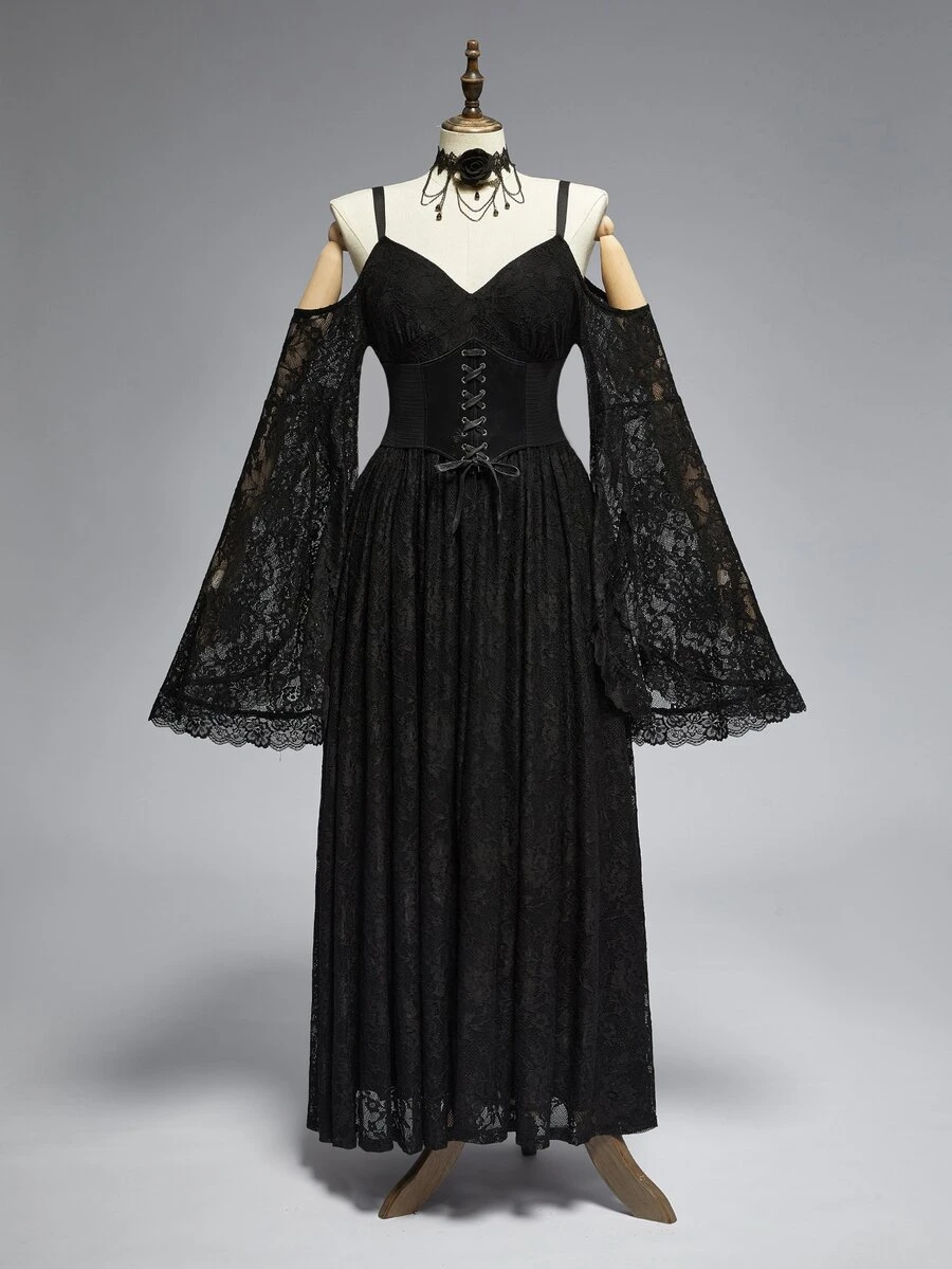 ROMWE Dark Gothic Plus Size Women's Long Dress Lace Hollow-Out Cold Shoulder Design Halloween Party Evening Gown - Black - View 1