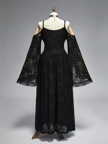 ROMWE Dark Gothic Plus Size Women's Long Dress Lace Hollow-Out Cold Shoulder Design Halloween Party Evening Gown - Black - View 2