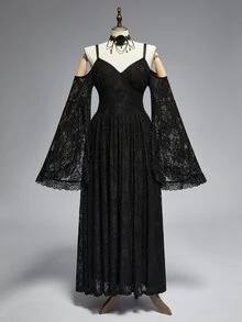 ROMWE Dark Gothic Plus Size Women's Long Dress Lace Hollow-Out Cold Shoulder Design Halloween Party Evening Gown - Black - View 5