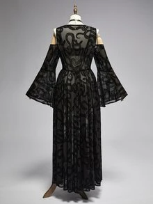 ROMWE Gothic Dark Snake Pattern Flocked Fabric Deep V-Neck Cold Shoulder High Slit Bell Sleeve Plus Size Women's Dress - Black - View 2