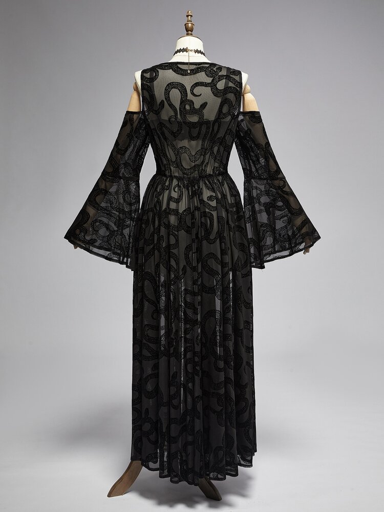ROMWE Gothic Dark Snake Pattern Flocked Fabric Deep V-Neck Cold Shoulder High Slit Bell Sleeve Plus Size Women's Dress - Black - View 2