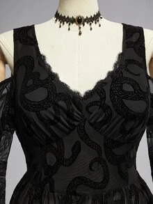 ROMWE Gothic Dark Snake Pattern Flocked Fabric Deep V-Neck Cold Shoulder High Slit Bell Sleeve Plus Size Women's Dress - Black - View 3