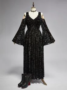 ROMWE Gothic Dark Snake Pattern Flocked Fabric Deep V-Neck Cold Shoulder High Slit Bell Sleeve Plus Size Women's Dress - Black - View 1