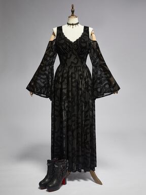 Gothic Dark Snake Pattern Flocked Fabric Deep V-Neck Cold Shoulder High Slit Bell Sleeve Plus Size Women's Dress