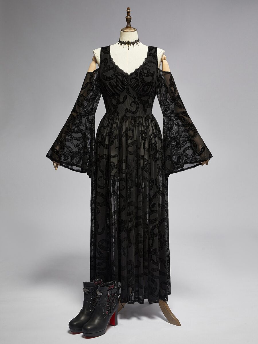ROMWE Gothic Dark Snake Pattern Flocked Fabric Deep V-Neck Cold Shoulder High Slit Bell Sleeve Plus Size Women's Dress - Black - View 1