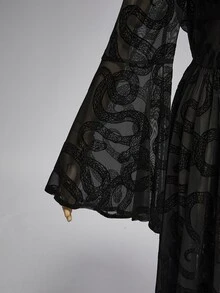 ROMWE Gothic Dark Snake Pattern Flocked Fabric Deep V-Neck Cold Shoulder High Slit Bell Sleeve Plus Size Women's Dress - Black - View 4