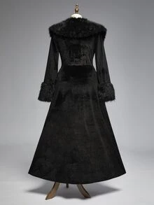 ROMWE Goth 哥德風大尺碼毛領開襟拼接金絲絨長袖夾克，萬聖節穿搭 - 黑色 - 查看 2
