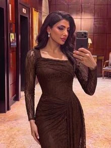 Aureia فستان حورية البحر الفاخر الأنيق من الدانتيل الشفاف المرن مع كشكشة جانبية، مناسب للزفاف والحفلات والرقص - قهوة بني - مشاهدة 1