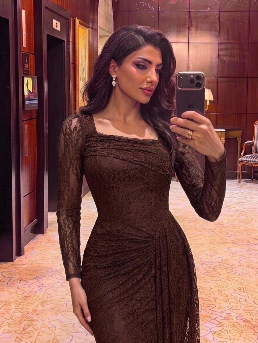 Aureia فستان حورية البحر الفاخر الأنيق من الدانتيل الشفاف المرن مع كشكشة جانبية، مناسب للزفاف والحفلات والرقص - قهوة بني - مشاهدة 1